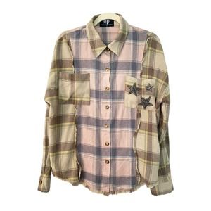 Plaid Button-Up Blouse - Pink and Tan